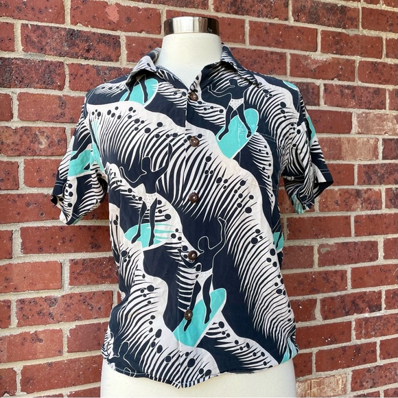 Avanti Other - Vintage Avanti 100% Silk Black Cream Aqua Surfer Print Button Up Shirt Small